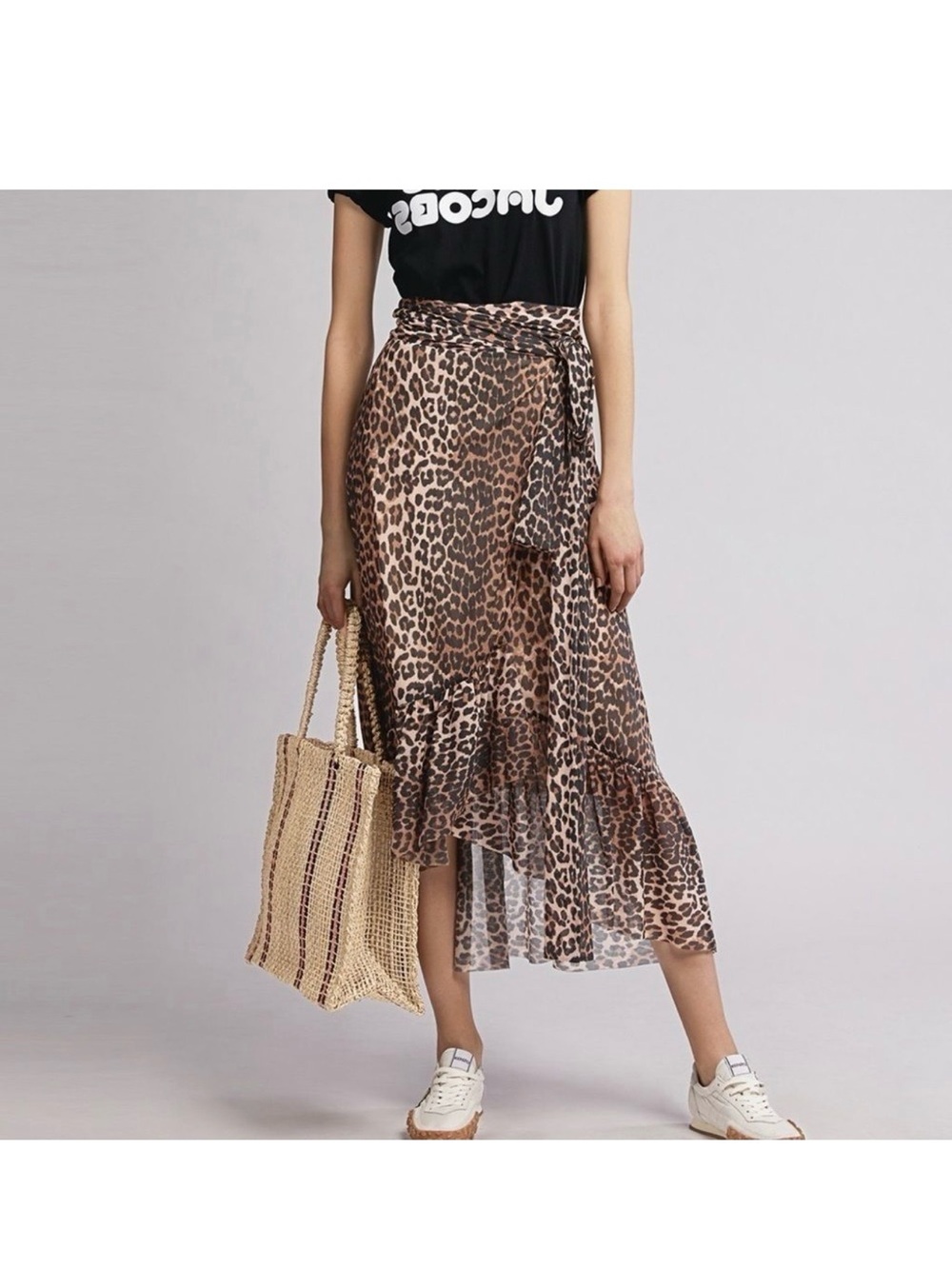 Ganni Leopard Print High-Low Ruffle Skirt - Brown